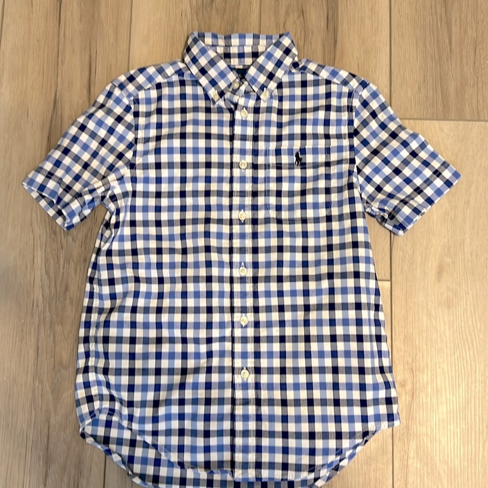 Boys blue checked short sleeve button down Polo.